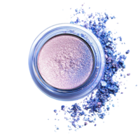 Iridescent eyeshadow in a clear container with scattered pigment on a black background Concept of beauty, makeup, cosmetics, and vibrant color png
