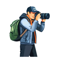 Smiling young adult man photographer with backpack taking photo outdoors, capturing travel memories with professional camera Concept of adventure, hobby, and photography png