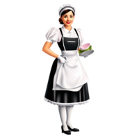 Smiling Caucasian woman in classic maid uniform holding a dessert plate on a transparent background Concept of service, hospitality, and cleanliness png