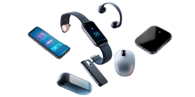Modern technology gadgets including smartwatch, smartphone, wireless mouse, earbuds, and portable SSD on a transparent background Concept of digital lifestyle and connectivity png