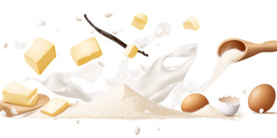 Baking ingredients with flour, butter, eggs, milk splash, and vanilla bean on a transparent background Concept of cooking, recipe, and food preparation png
