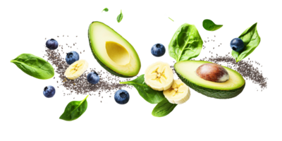 Vibrant and colorful superfood ingredients including avocado, banana, spinach, blueberries, and chia seeds floating on a transparent background Concept of healthy eating and balanced diet png