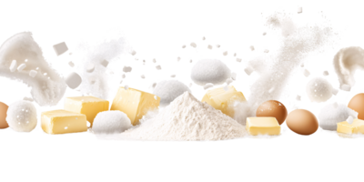 Baking ingredients still life on transparent background featuring flour, butter, eggs, and sugar in dynamic splash for culinary and pastry concept png