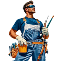 Confident Caucasian man in blue overalls and safety glasses holding tools on transparent background Concept of skilled trades, construction, and professional craftsmanship png