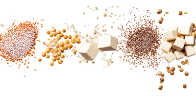 Assortment of plantbased protein sources including red lentils, soybeans, tofu, and quinoa on a transparent background Concept of healthy eating, veganism, and vegetarianism png