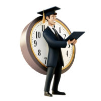Smiling 3D rendering of a young Caucasian man in graduation gown holding a diploma with a clock in the background Concept of time management, education, and success png