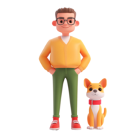 3D rendering of a smiling man with glasses standing next to his cute dog, showcasing friendship and companionship on a transparent background png
