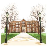 Illustration of a university building with trees and lampposts on a spring day, showcasing campus architecture and academic environment png