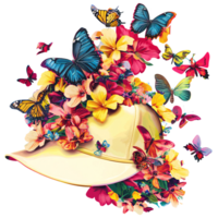 Artistic floral baseball cap adorned with colorful butterflies and vibrant flowers on a transparent background Concept of spring, nature, fashion, and whimsical design png