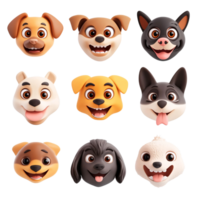 Collection of nine cute and happy cartoon dog faces with different breeds on a transparent background Concept of pets, joy, and animal characters png