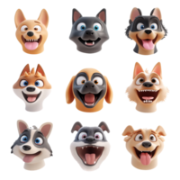 Collection of nine cartoon dog heads with happy expressions on a transparent background Concept of animation, pet ownership, and playful character design png