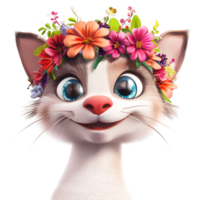 Smiling cartoon cat with flower crown on a transparent background Cute animal character with big blue eyes and a happy expression Concept of spring, joy, and whimsical design png