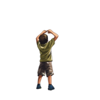 Young boy looking up with hands raised on transparent background, dreaming of future possibilities and reaching for the sky Concept of childhood, aspiration, and imagination png