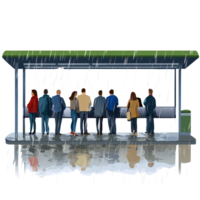 Group of people waiting at bus stop in the rain, standing under shelter with reflections on wet ground Concept of public transportation, weather, and urban life png