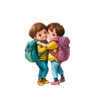 Adorable cartoon twin boys hugging with backpacks on transparent background Concept of friendship, childhood, and back to school png