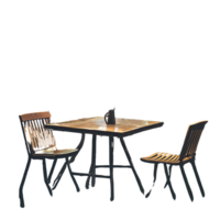 Empty outdoor cafe table with two chairs and a pitcher on a transparent background, perfect for restaurant mockups and design layouts png