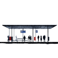 Silhouetted commuters waiting at a modern bus stop in the rain, seeking shelter from the downpour Concept of urban life, public transportation, and weather png