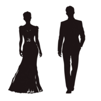 Elegant silhouette of a woman in a long gown and a man in a suit, representing formal wear, fashion, and special occasion on a transparent background png