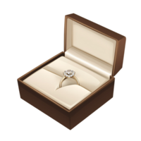Elegant gold engagement ring with diamond halo in a brown box, symbolizing love, commitment, and a special occasion png