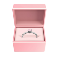 Elegant silver engagement ring with pink gemstone in a pink box, symbol of love, marriage proposal, and Valentines Day gift on a transparent background png
