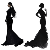 Elegant Caucasian woman in black gown silhouette, showcasing fashion and mystery on a transparent background png