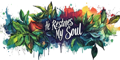 Artistic watercolor illustration of He Restores My Soul with vibrant leaves and colorful splashes on a transparent background Concept of faith, healing, and spiritual growth png