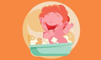 Flat design illustration of a baby in a shower path, with water droplets and soft surroundings, symbolizing hygiene, care, and playful bath time in a gentle and minimalist style. vector