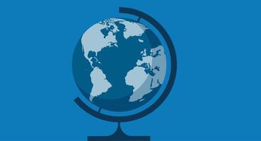 Flat design illustration of a world sphere for geography on a stand, showcasing a world map, symbolizing education, exploration, and global knowledge in a clean, minimalistic style. vector