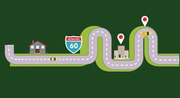 Flat design illustration of a road map from the top view, featuring roads, road signs, cars, and landmarks, highlighting key locations and routes in a clear, organized layout on a solid background. vector