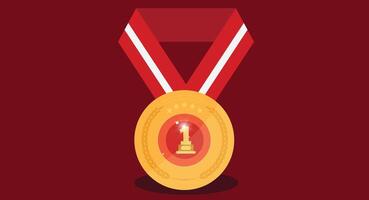 Flat design illustration of a gold first place medal with a red ribbon, symbolizing victory, achievement, and excellence in competitions, designed in a sleek and minimalist style. vector