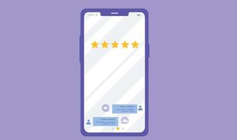 Flat design illustration of a mobile device screen displaying stars for feedback and a chat interface, symbolizing customer feedback, communication, and user engagement vector