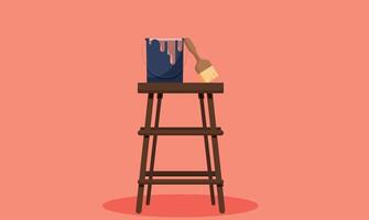 Flat design illustration of a paint bucket and brush placed on a ladder, symbolizing home improvement, DIY projects, and creativity, with a clean, minimalistic layout. vector