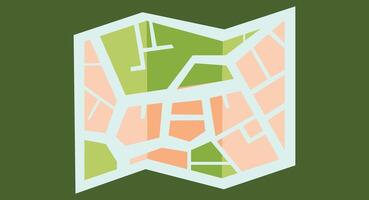 Flat design illustration of a folded paper map showing streets, garden areas, and pathways, symbolizing navigation, exploration, and urban planning, set against a clean solid background. vector