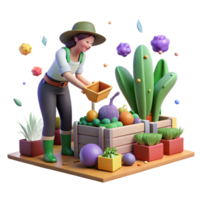 elegant artistic Woman Harvesting Vegetables in Garden Side View high resolution png