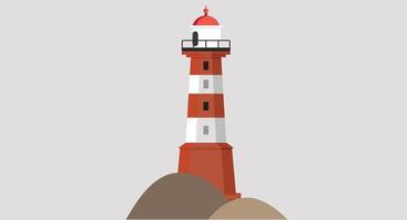 Flat design illustration of an isolated lighthouse standing tall with light beams extending outward, symbolizing guidance, safety, and coastal scenery on a clean, simple background. vector