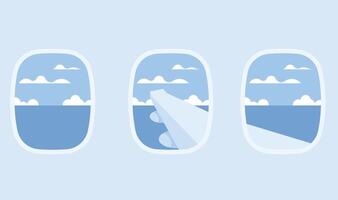 Flat design illustration of an airplane window with a view of the plane wing and sky, symbolizing air travel, adventure, and the excitement of flying vector