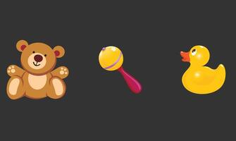 Flat design illustration of baby elements including a yellow duck, shaker, and teddy bear toy, symbolizing childhood, playfulness, and comfort in a soft and cheerful design. vector