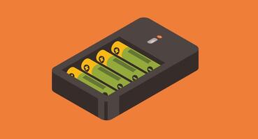 Isometric flat design illustration of a battery pack with a charger, showcasing modern tech and charging equipment in a clean, stylized view, symbolizing power, energy, and portability. vector