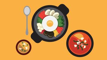 Stylized illustration of Korean cuisine on an orange background. Features bibimbap in a stone pot with fried egg, vegetables, and tofu, accompanied by tomato soup and miso soup in smaller bowls. vector
