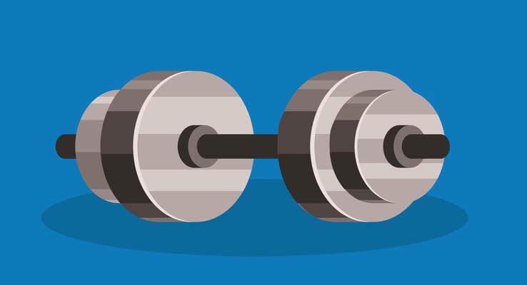Flat design illustration of a single dumbbell centered on a solid background, showcasing minimalist fitness gear used for strength training, exercise, and home or gym workouts.