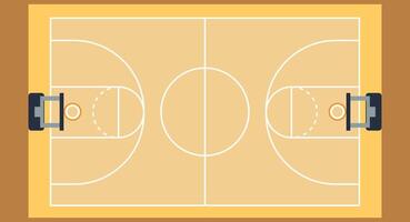 Flat design illustration of a basketball court viewed from the top, featuring clear markings, hoops, and vibrant court colors, emphasizing sport layout and game strategy on a solid background vector