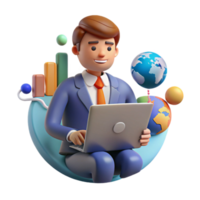 dramatic minimalist Businessman Analyzing Global Economy Data on Laptop Isolated Element authentic png