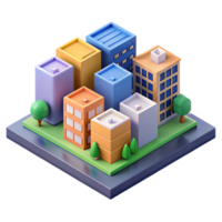 hypnotic dreamy retro Isometric city block with colorful buildings. Crisp edges, flat color with Scalable Design. studio quality png