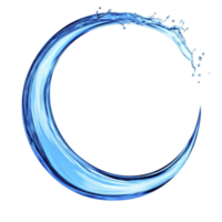 A dynamic swirl of blue water forms crescent shape against transparency background, with droplets splashing outward, conveying sense of fluidity and motion png