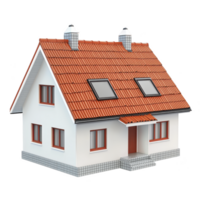 A 3D rendering of small, charming house with red tiled roof, white walls, and multiple windows. house features chimney and small porch, creating cozy and inviting appearance png