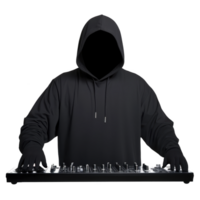 A person in dark hoodie stands behind DJ mixer, creating air of mystery and focus. scene suggests music production or DJ performance setting, with individual engaged in mixing tracks png