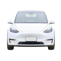 A sleek white electric car is shown from front, highlighting its modern design and aerodynamic shape. vehicle features distinctive headlights and smooth, minimalist grille png