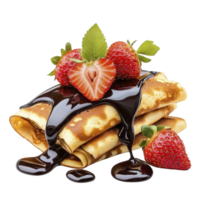 A Delicious crepes topped with rich chocolate sauce and fresh strawberries create mouthwatering dessert. vibrant red of strawberries contrasts beautifully with dark chocolate png