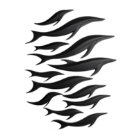 A pod of sleek, black dolphins gracefully swims together, showcasing their streamlined bodies and dynamic movement against transparency background. image captures elegance and fluidity of these png