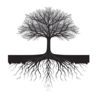 A silhouette of tree with sprawling branches and roots symbolizes growth and connection, blending nature beauty with sense of balance and harmony png